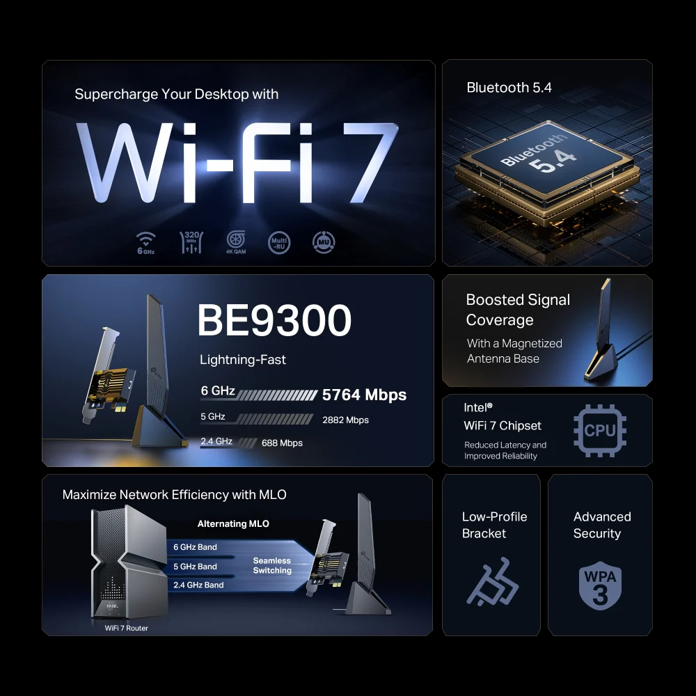 Archer TBE553E, BE9300 Wi-Fi 7 Bluetooth PCIe Adapter