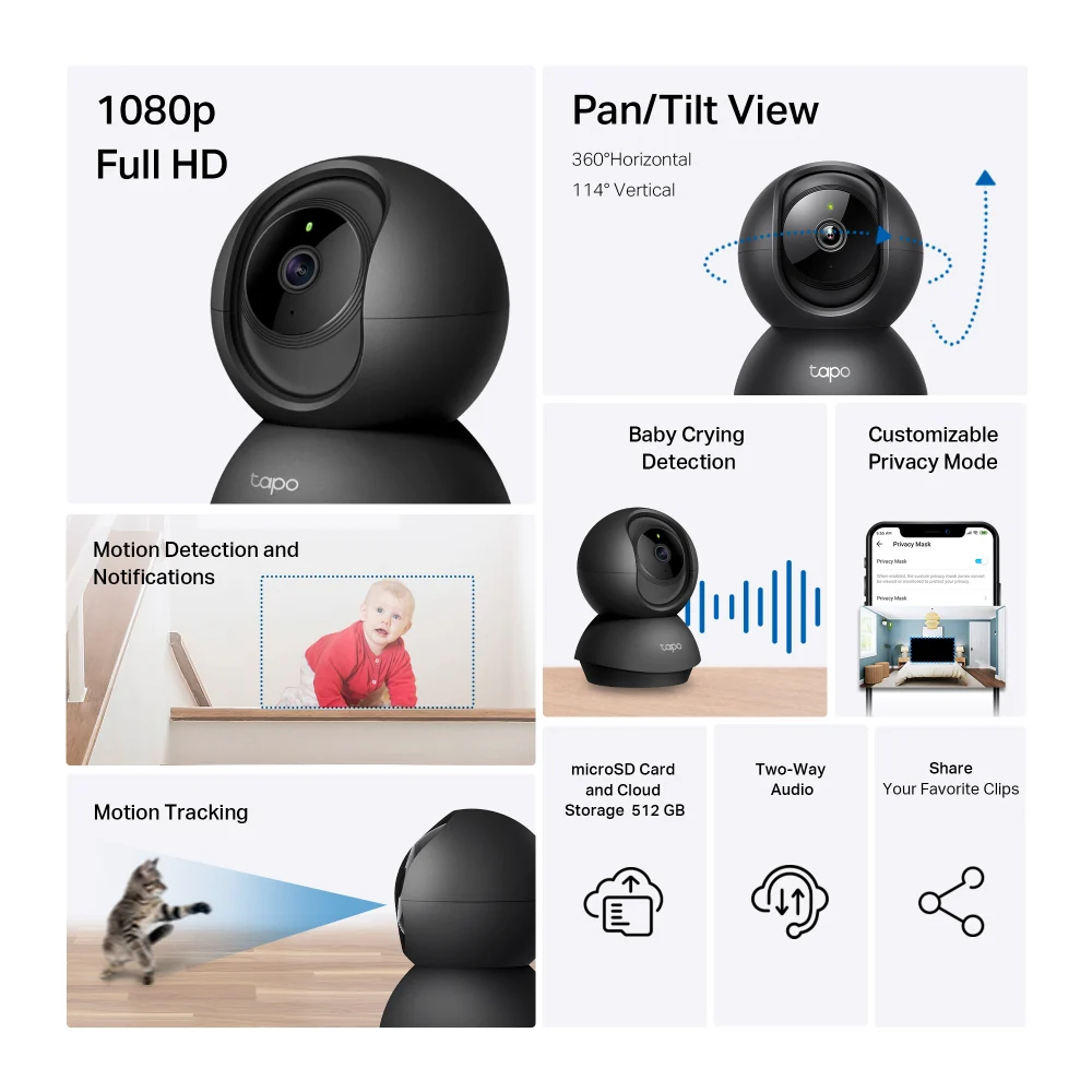 Tapo C201 Indoor 1080P Wi-Fi Security Camera with Pan/Tilt/Zoom, Black - Image 7