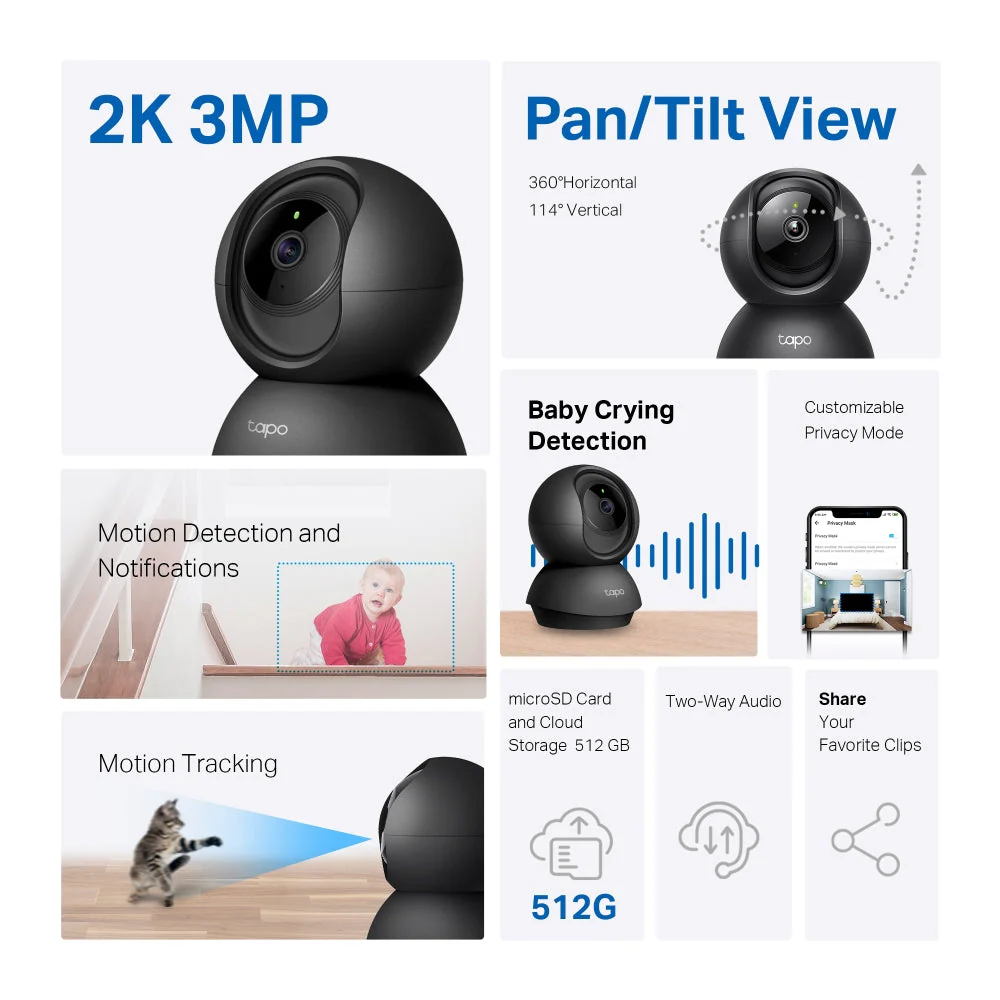 Tapo C211 Black Indoor 2K Wi-Fi Security Camera with Pan/Tilt/Zoom Twin Pack - Image 4