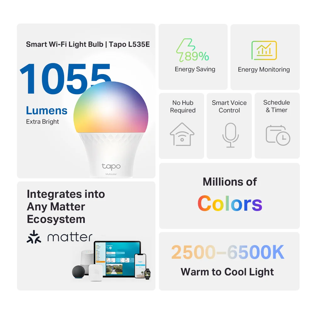 Matter Compatible E27 Bulb, Extra Bright, Tapo L535E - Image 3