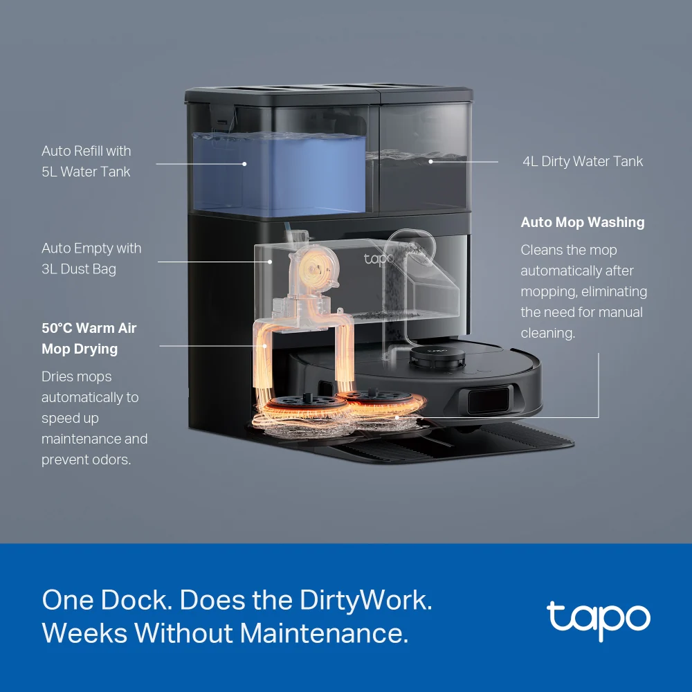 Tapo RV50 Omni Robot Vacuum Cleaner & Mop+ All-in-One Omni Dock - Image 7
